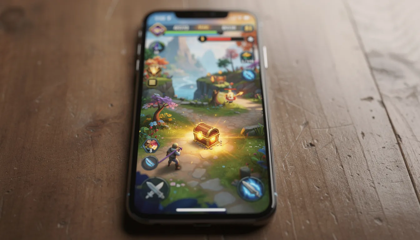 En smartphone ligger på ett träbord och visar färgglada grafik från ett spel, vilket ger en känsla av spänning och underhållning. Denna bild kan associeras med att spela hos prank casino, där nya spelare kan ta del av bonusar och free spins.