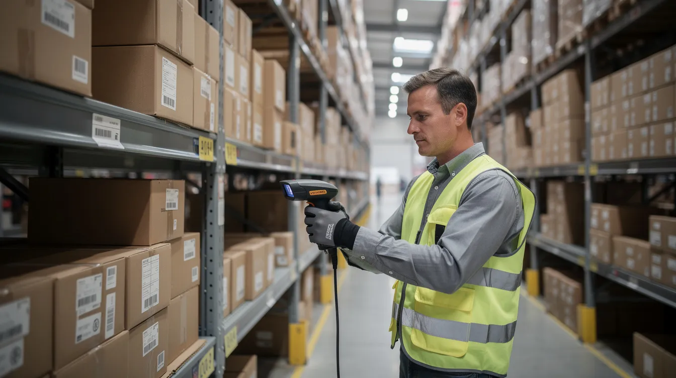 A warehouse worker is scanning packages with a handheld device, positioned near organized shipping shelves filled with various items. This scene highlights the efficiency of logistics in managing online store inventory, crucial for Shopify development and ecommerce marketing solutions.