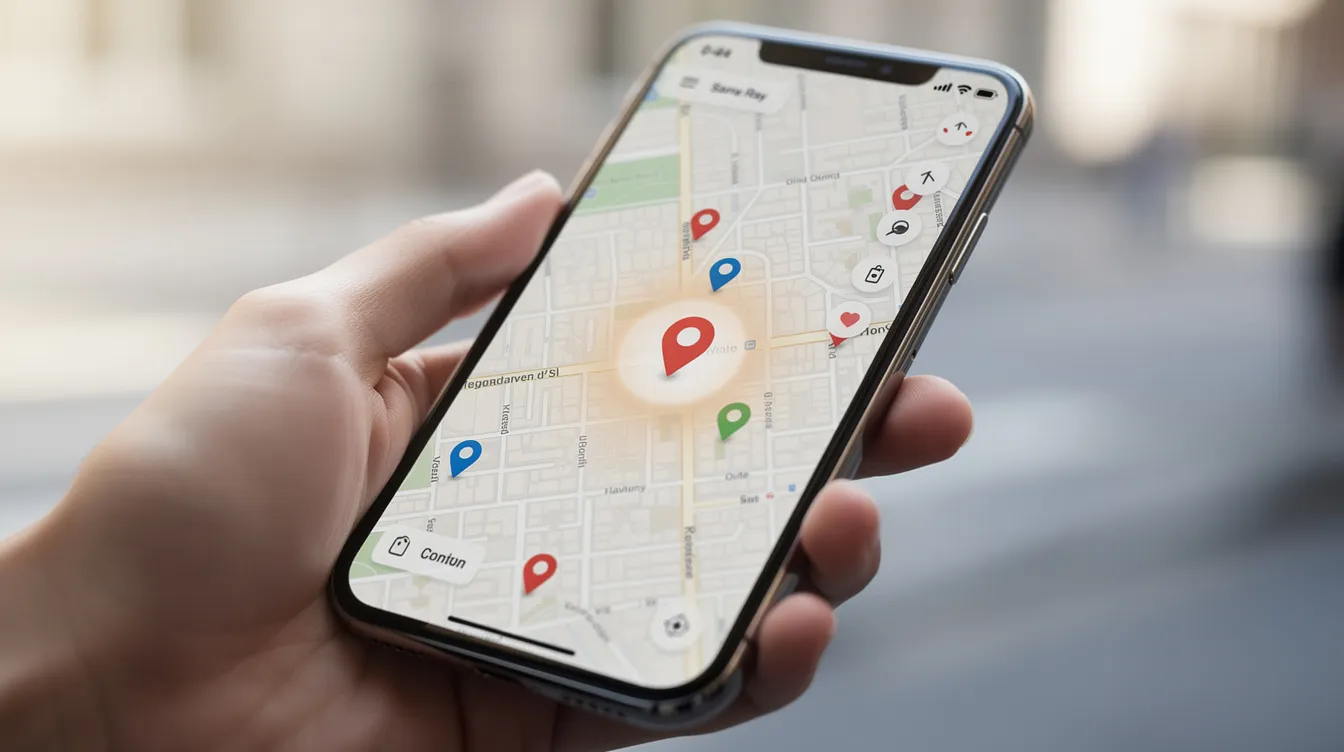The image depicts a smartphone screen showing a map application with various location markers, which can assist potential clients in finding legal services nearby. This visual emphasizes the importance of local SEO for law firms to enhance their online presence and improve visibility in search engine results.
