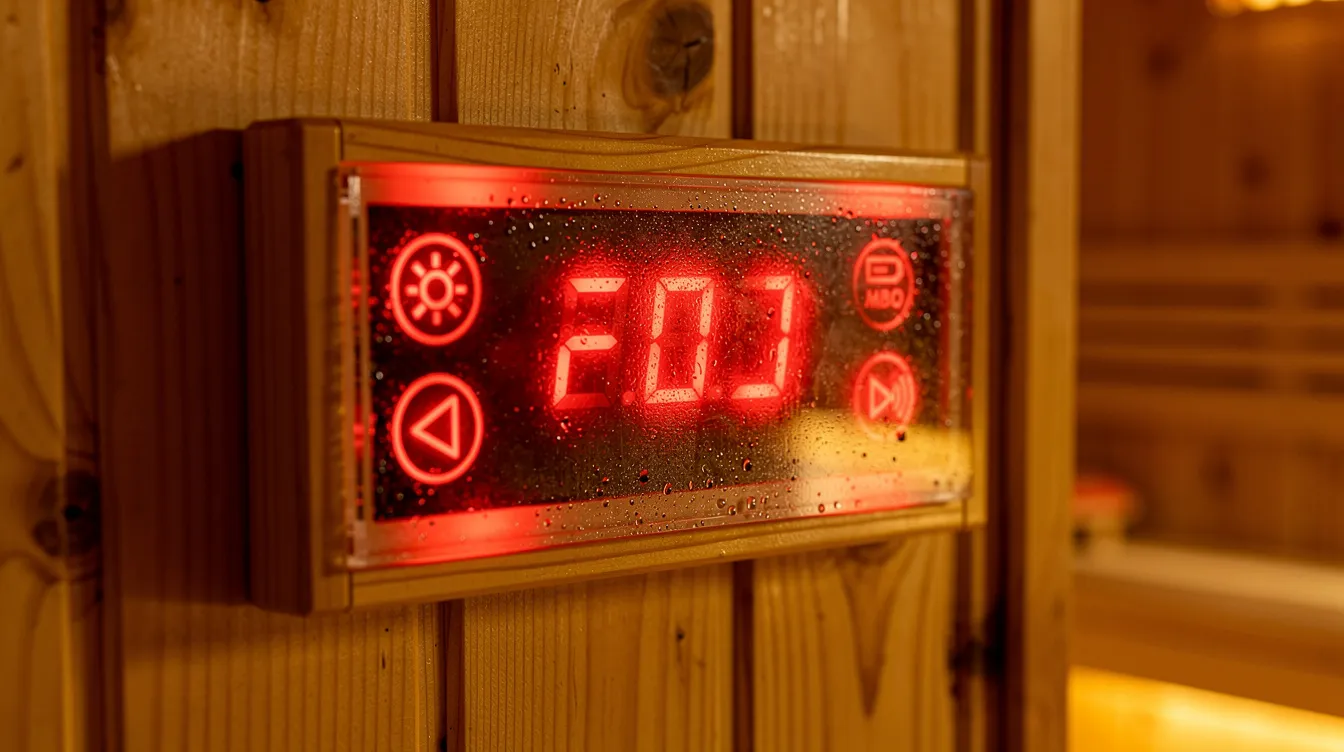 A close-up view of a glowing red LED panel inside a sauna cabin, showcasing the warm infrared light that promotes wellness benefits such as improved circulation and muscle recovery. This image highlights the use of infrared technology in sauna therapy, debunking common myths about infrared saunas and emphasizing their health advantages.