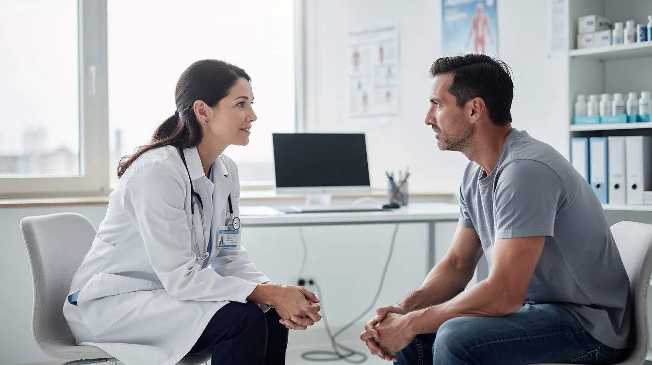 The image shows a doctor discussing health concerns with a male patient in a bright medical office, emphasizing topics such as erectile dysfunction and ways to improve sexual function. The doctor is likely providing information on dietary supplements and natural remedies that may enhance blood flow and overall health.