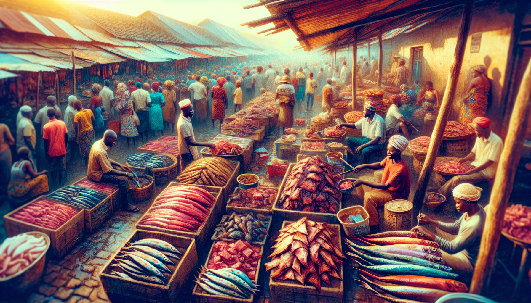 An artistic illustration of a vibrant outdoor Congolese market with a diverse selection of meats, including goat, chicken, and smoked fish