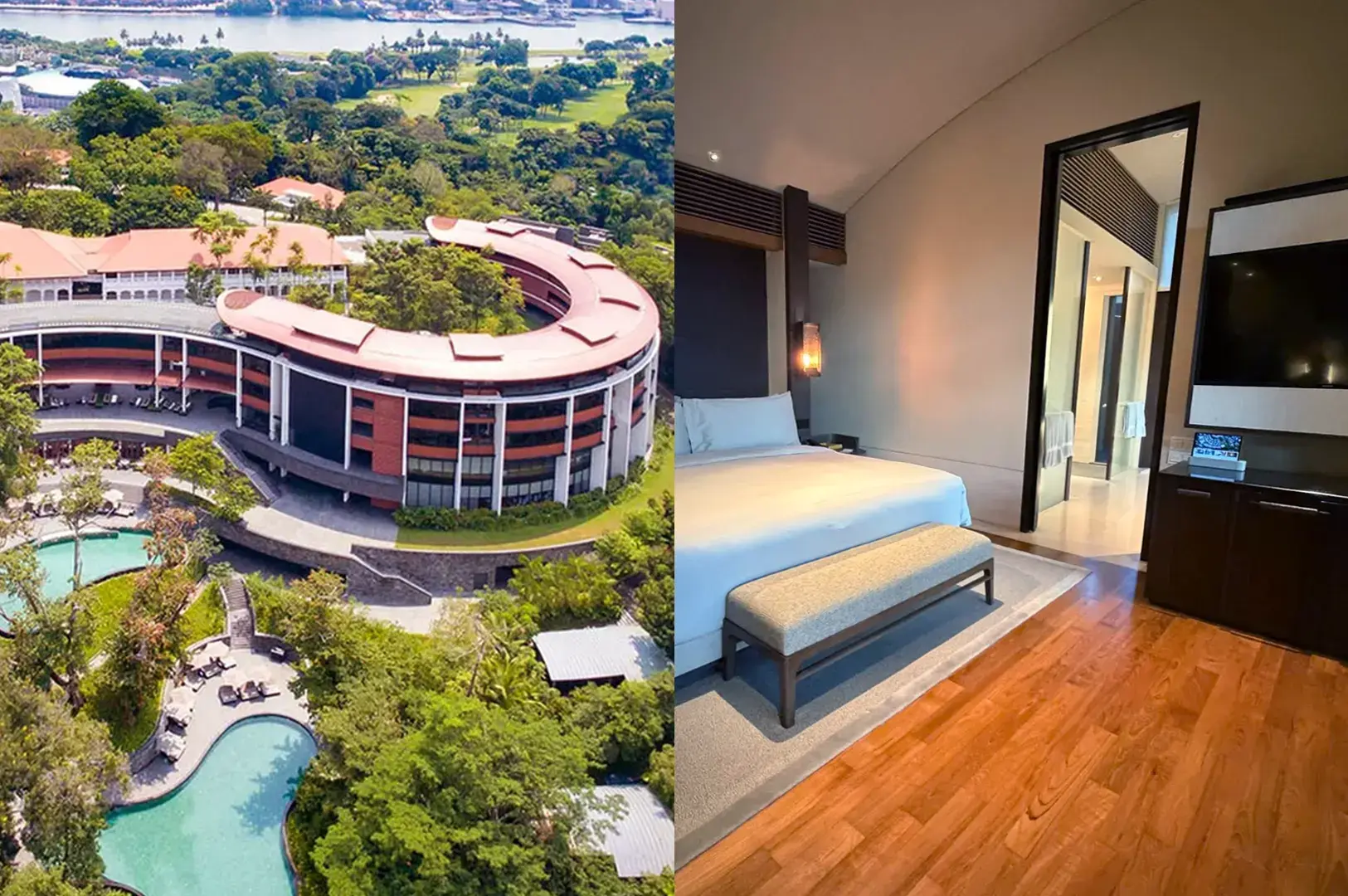 Capella Singapore aerial view of curved resort buildings and pool alongside a contemporary room with wooden floors and modern lighting