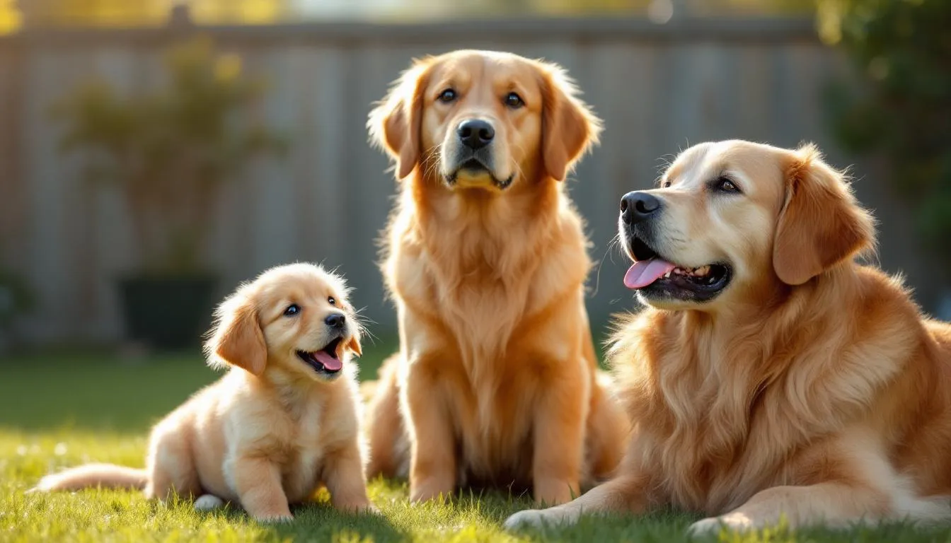 A joyful family of Goldendoodles of various ages, from a playful puppy to a wise senior, showcases the different stages of their lives. These lovable dogs, part golden retriever and part poodle, exemplify the average goldendoodle lifespan and the importance of proper care for a happy and healthy life.