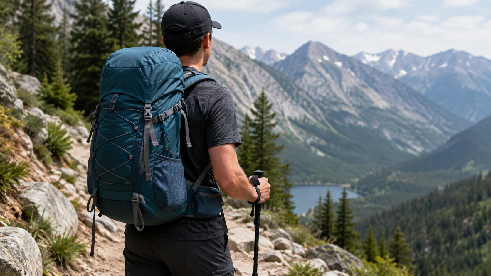 Hiker carrying a large backpack with a hip belt on a mountain trail