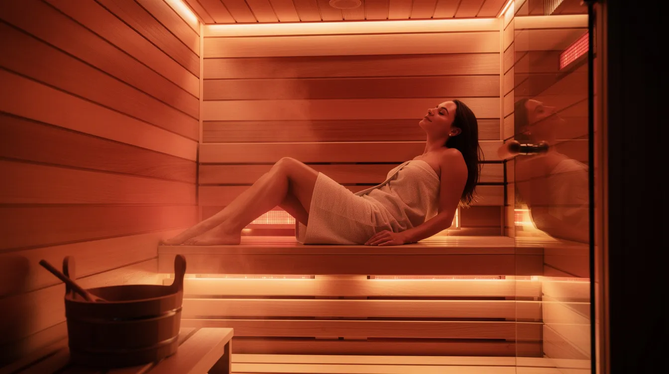 A person is seen relaxing peacefully inside a wooden infrared sauna cabin, surrounded by soft lighting that promotes relaxation. The infrared sauna emits gentle heat, potentially providing temporary relief from cold symptoms and supporting the immune system during cold and flu season.
