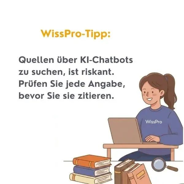 WissPro-Tipp: Quellen über KI-Chatbots zu suchen ist riskant. Prüfen Sie jede Angabe, bevor Sie sie zitieren - Warnung vor Halluzinationen und fehlender Aktualitätsgarantie