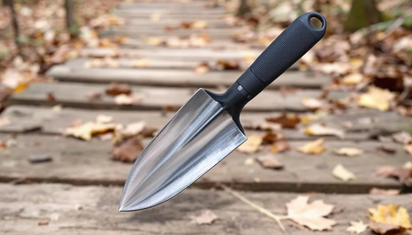 An image of the best backpacking trowel, featuring a lightweight and durable metal design with a sharp digging edge and serrated edges, ideal for outdoor enthusiasts. The trowel is shown against a backdrop of tough ground, emphasizing its ability to easily dig cat holes in rocky soils and hard-packed soil during a backpacking trip.