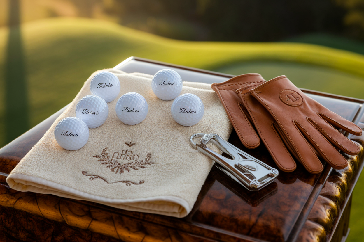 A selection of personalized golf gear including golf balls and accessories, ideal for golfers who have everything.