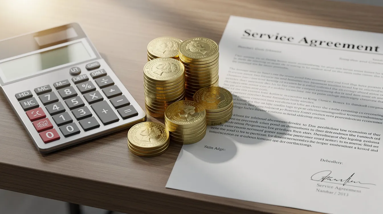 The image shows a calculator placed next to stacks of Hong Kong dollar coins and a signed contract on a wooden desk, symbolizing financial planning and loan applications for small and medium enterprises (中小企貸款). This setup reflects the importance of calculating costs and understanding terms related to financing options available for businesses.