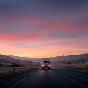 Tractor trailer on road with sun setting in background