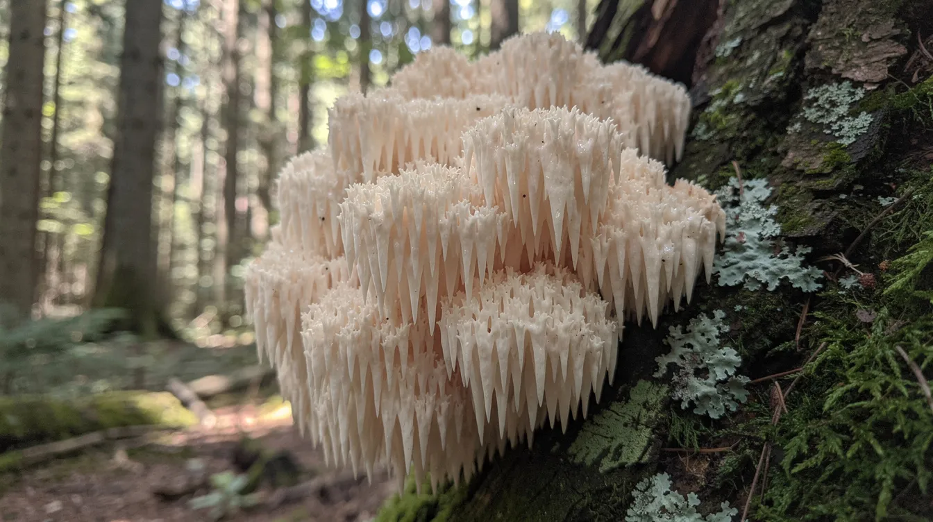 A fresh lion's mane mushroom is growing on a tree trunk in a lush forest, showcasing its unique white, fluffy appearance. This natural nootropic is known for its potential cognitive enhancing effects, supporting brain health and mental clarity.