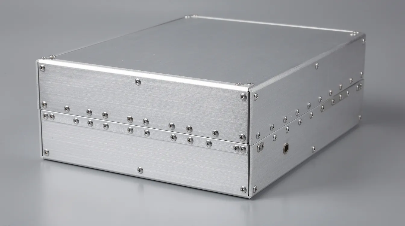 The image features a precision sheet metal enclosure showcasing visible solid rivets with a clean brushed aluminum finish, highlighting the riveting process used to create a permanent mechanical fastener. The rivet heads are prominently displayed, emphasizing the tight joints formed between the materials.