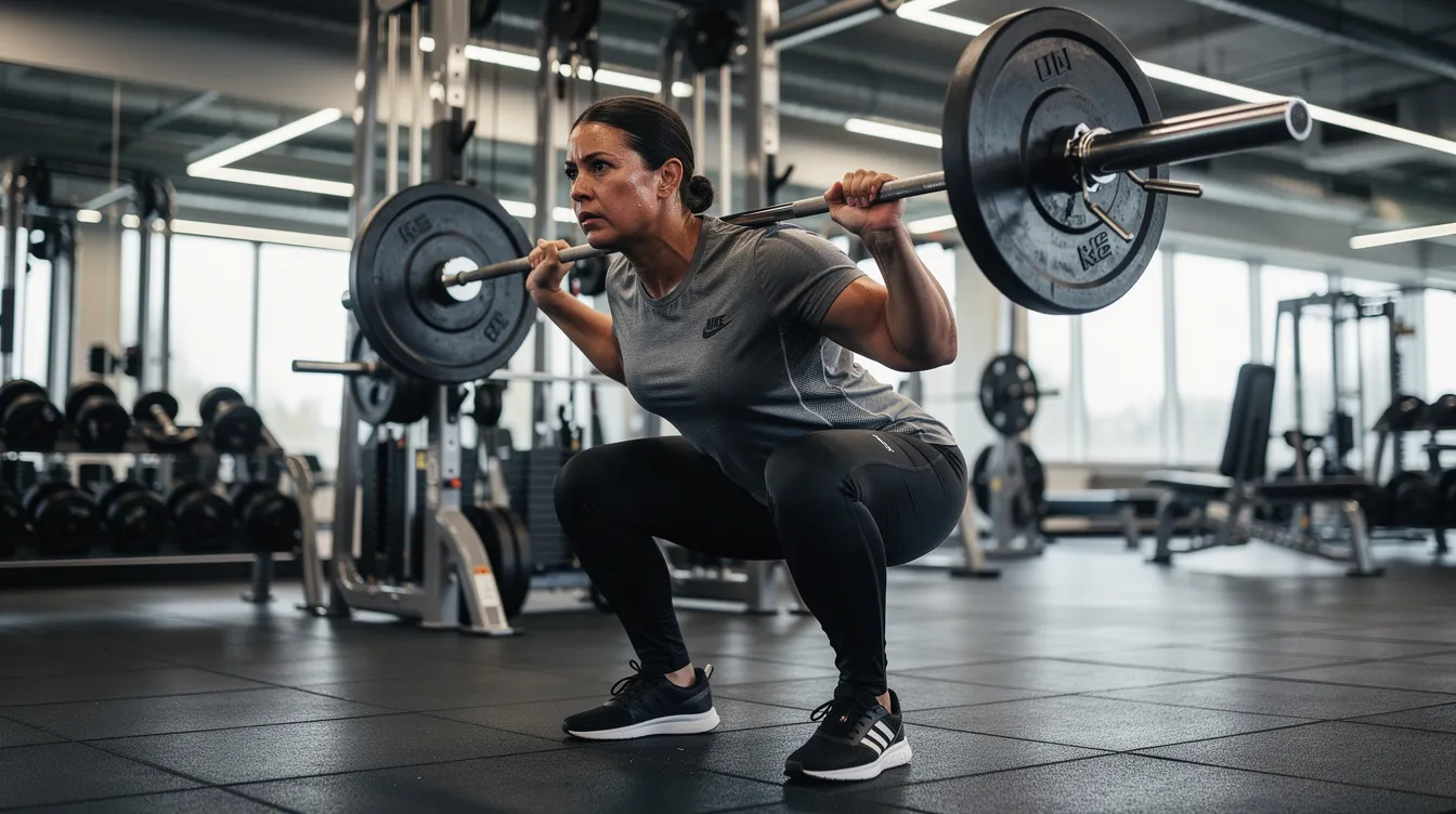 Een persoon voert squats uit met een barbell op de rug in een sportschool, gericht op het opbouwen van spiermassa en het behouden van spiermassa tijdens het cutten. De omgeving is gevuld met fitnessapparatuur en andere sporters die aan hun krachttraining werken.