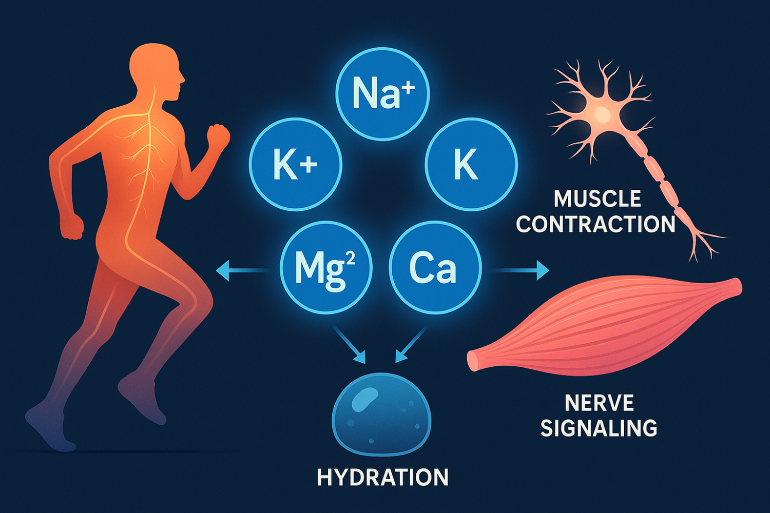 Graphic of muscle contraction and nerve signaling supported by electrolytes.