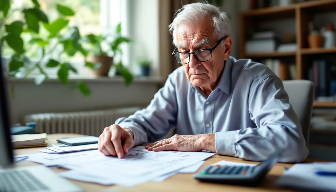 A senior person is sitting at a table, intently looking at their phone bill while using a calculator. The scene suggests they are reviewing their options for a Verizon unlimited plan or prepaid plan to ensure they have affordable options for unlimited talk, text, and data.