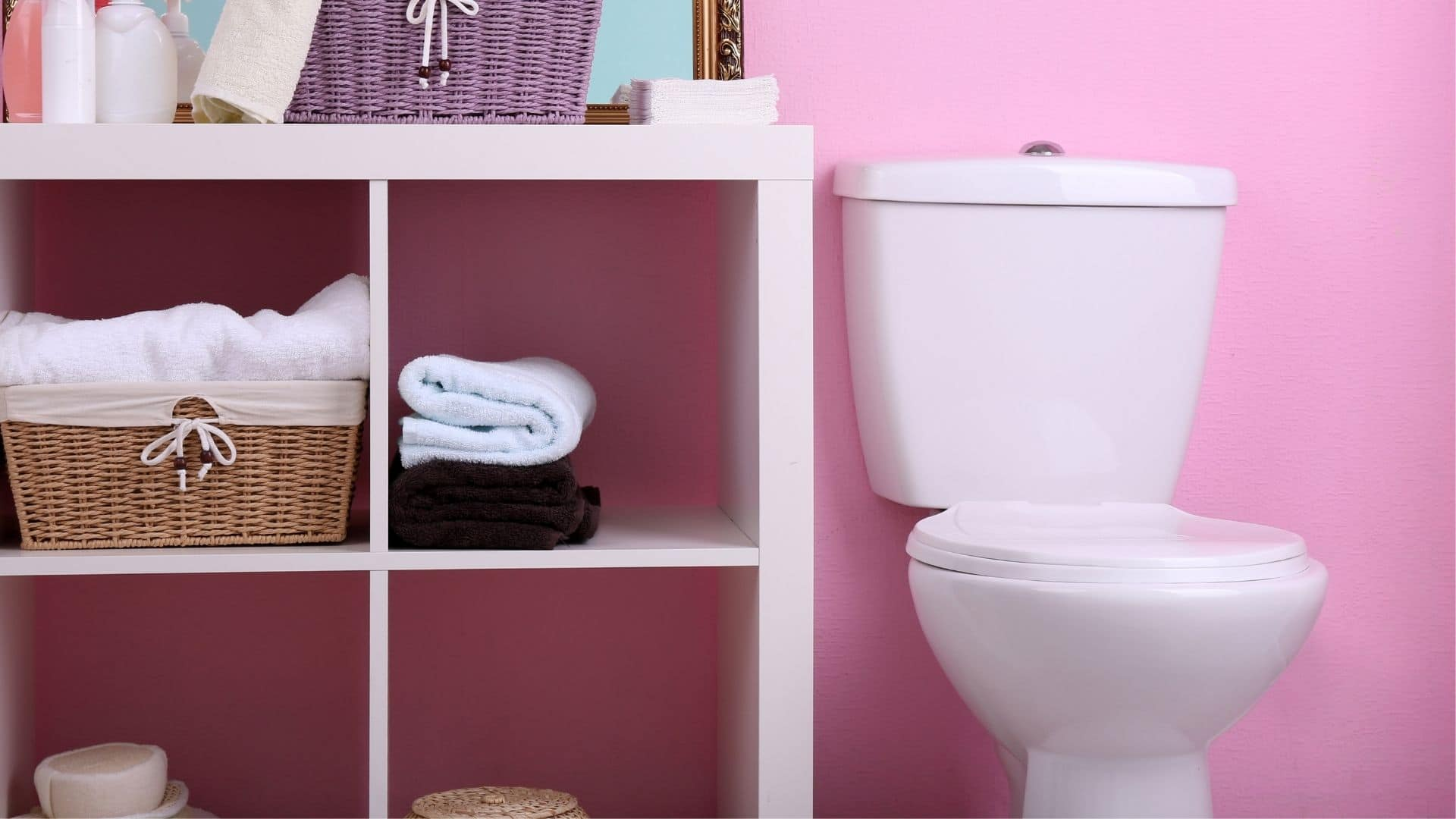 Bathroom with open shelving, and toilet