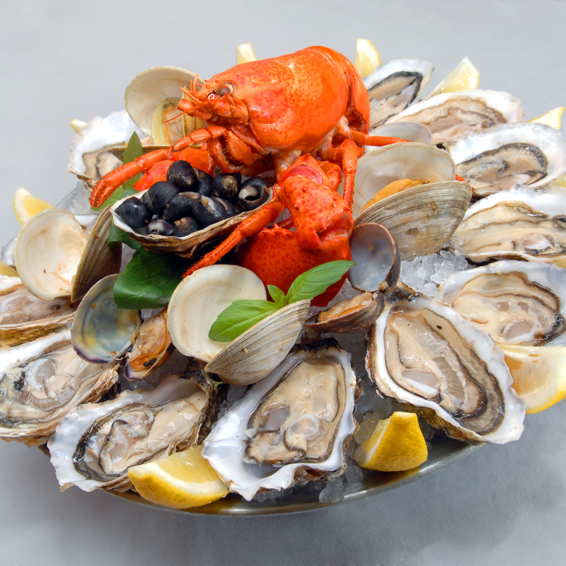 Image featuring oysters served with lobster tails and lemon herb couscous.