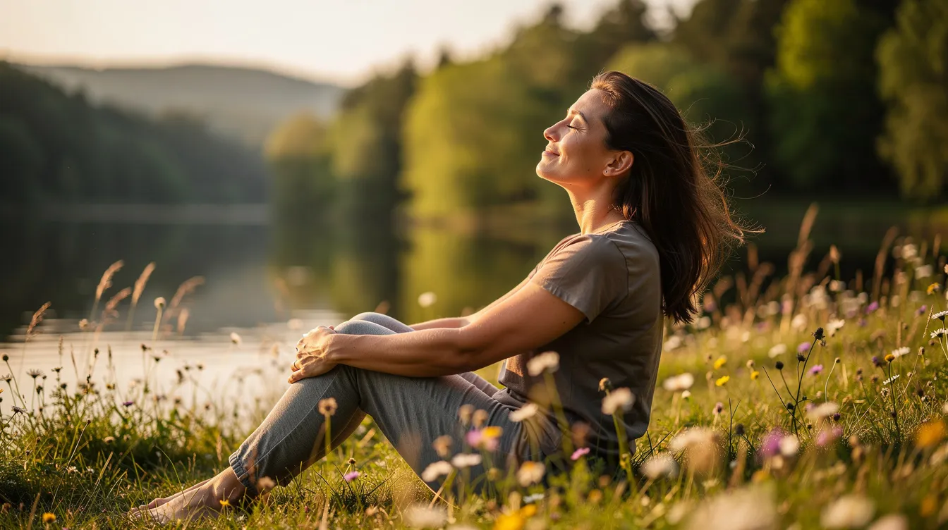 A person is seen relaxing in a serene natural environment with their eyes closed, embodying a state of calm that promotes healthy aging and balances the autonomic nervous system. This peaceful moment suggests the benefits of deep breathing and vagus nerve stimulation for reducing stress and inflammation while enhancing overall well-being.