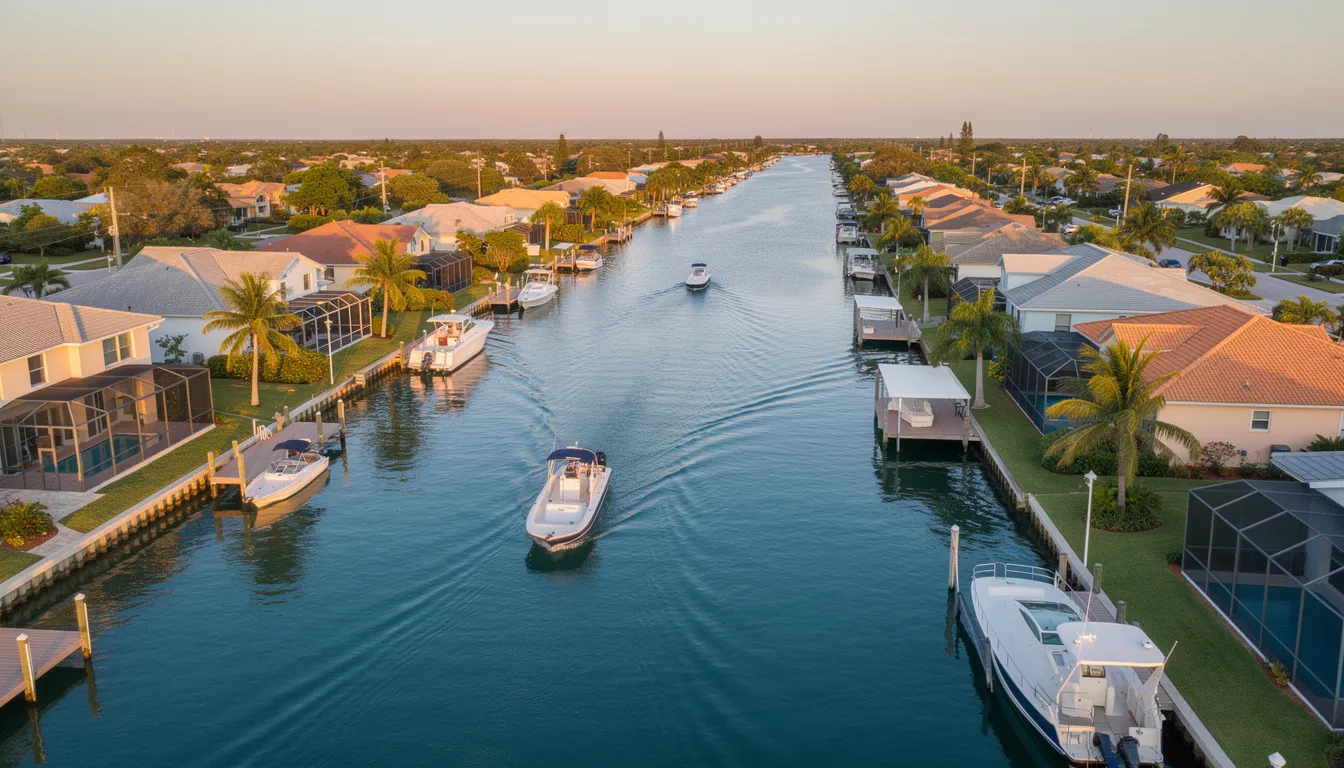 The image showcases the scenic waterways of Cape Coral, featuring boats gliding through the water and luxurious waterfront homes that embody the desirable lifestyle of this gated golf course community. This picturesque setting highlights the charm of Cape Coral real estate, with its beautiful golf courses and vibrant community atmosphere.