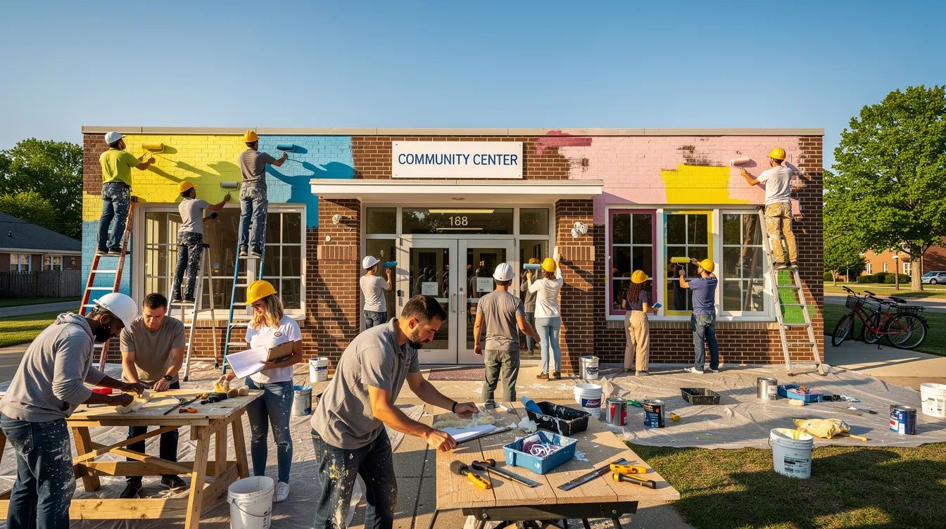 A diverse group of volunteers is working together to renovate and paint a community building under the bright sun, showcasing their commitment to social change and community support. This collaborative effort reflects the spirit of service and faith, as community leaders and members unite to create a positive impact in New Orleans.