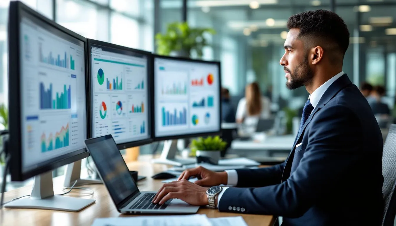 In the image, a business leader is analyzing data on a computer screen, focusing on software platforms designed for ROI analysis in the manufacturing industry. Charts and graphs illustrate key performance indicators such as operational costs, net profit, and revenue generated, highlighting the financial benefits and cost savings associated with digital transformation strategies.