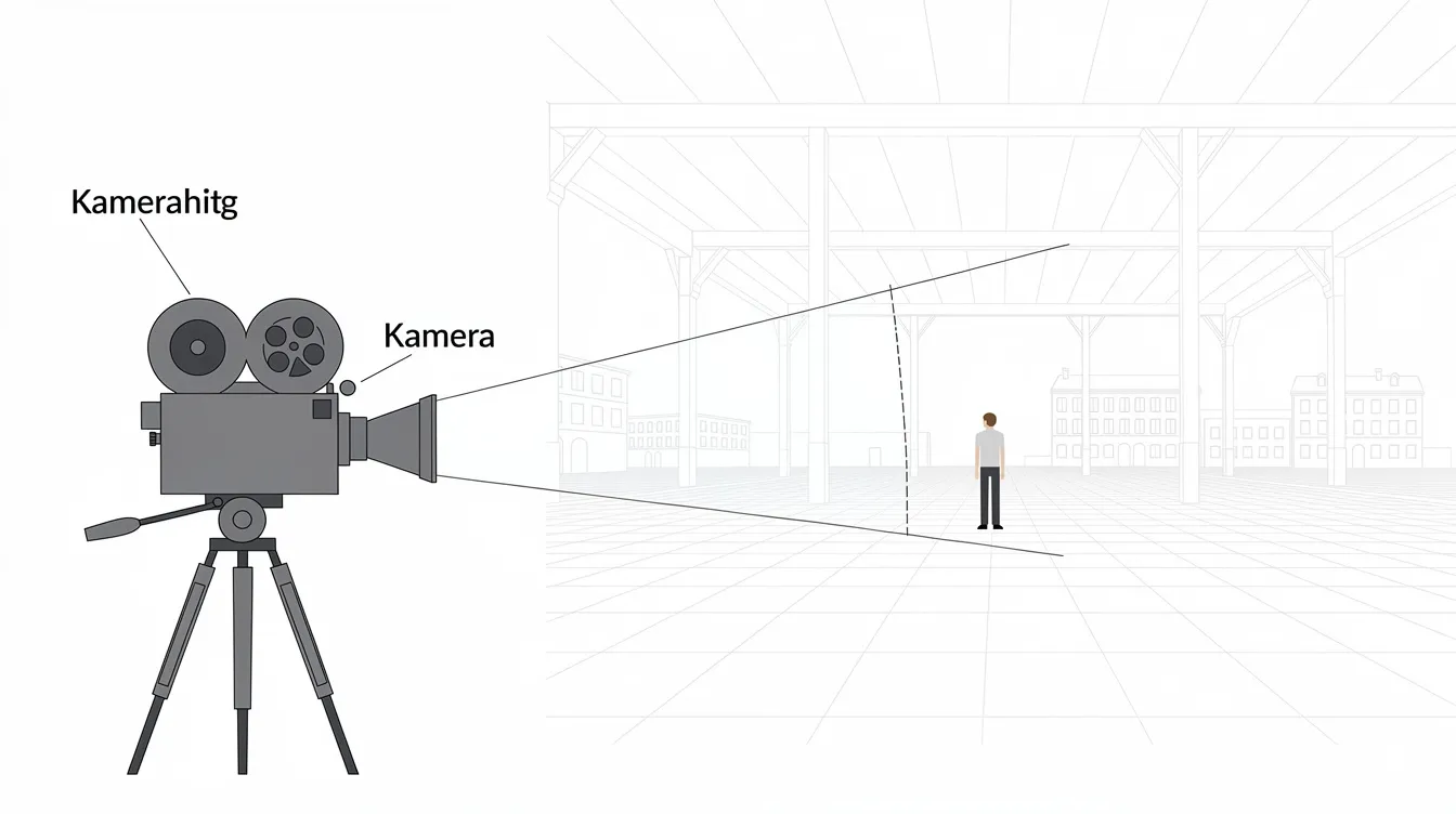 Die schematische Darstellung zeigt eine Filmkamera in einem langen Schuss, die eine einzelne Person inmitten einer großen Halle oder eines Platzes aufnimmt, wobei ein deutlicher Abstand zwischen der Kamera und der Figur besteht. Diese Szene könnte aus einer Komödie stammen, in der Themen wie Romantik und Politik behandelt werden, ähnlich den Charakteren wie Charlotte Field oder Fred Flarsky.