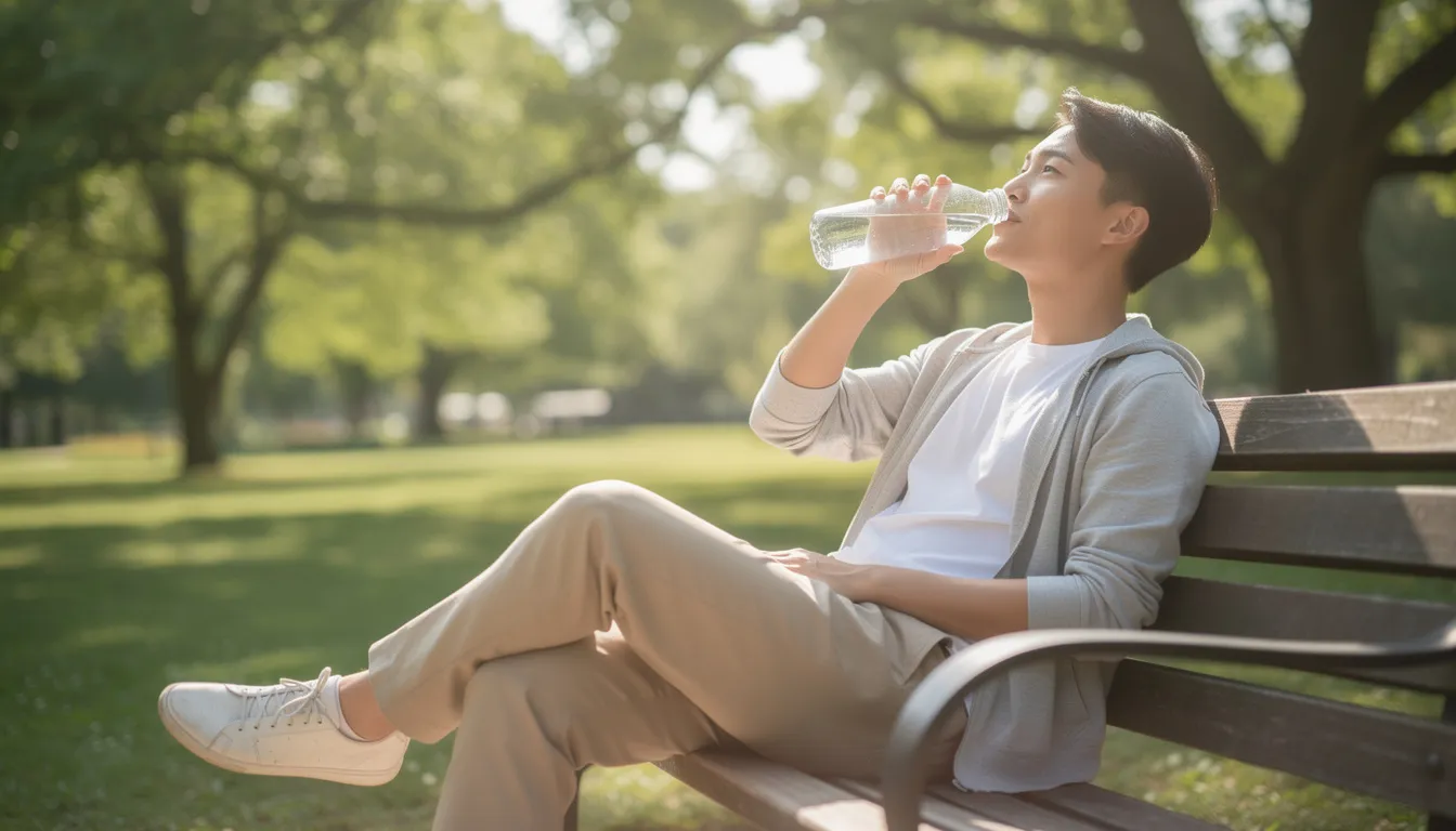 A relaxed person is sitting on a wooden bench, drinking water from a glass bottle, embodying a healthy lifestyle. This scene reflects the benefits of infrared sauna therapy, which can promote hydration, improved circulation, and stress relief during infrared sauna sessions.