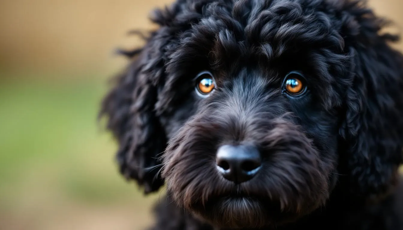 A close-up portrait of a miniature black goldendoodle showcases its soft, curly black coat and warm brown eyes, highlighting the hypoallergenic traits and low shedding characteristics that make this breed a popular family pet. This adorable dog, considered rare among mini goldendoodles, exudes a playful temperament and sturdy appearance.