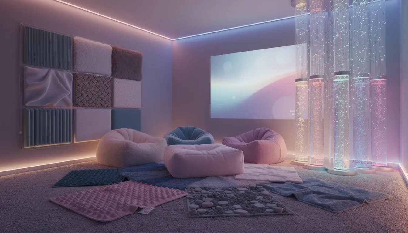 Przestrzeń sensoryczna z kolorowymi światłami i miękkimi materiałami stymuluje zmysły osób z niepełnosprawnością intelektualną, wspierając ich rozwój oraz umiejętności życiowe. Działa jako miejsce do prowadzenia zajęć rewalidacyjnych, które odpowiadają indywidualnym potrzebom ucznia.