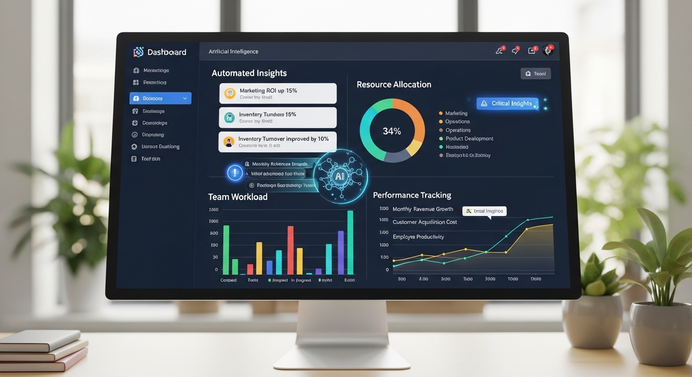 Small business dashboard powered by artificial intelligence showing automated insights, resource allocation, and performance tracking.