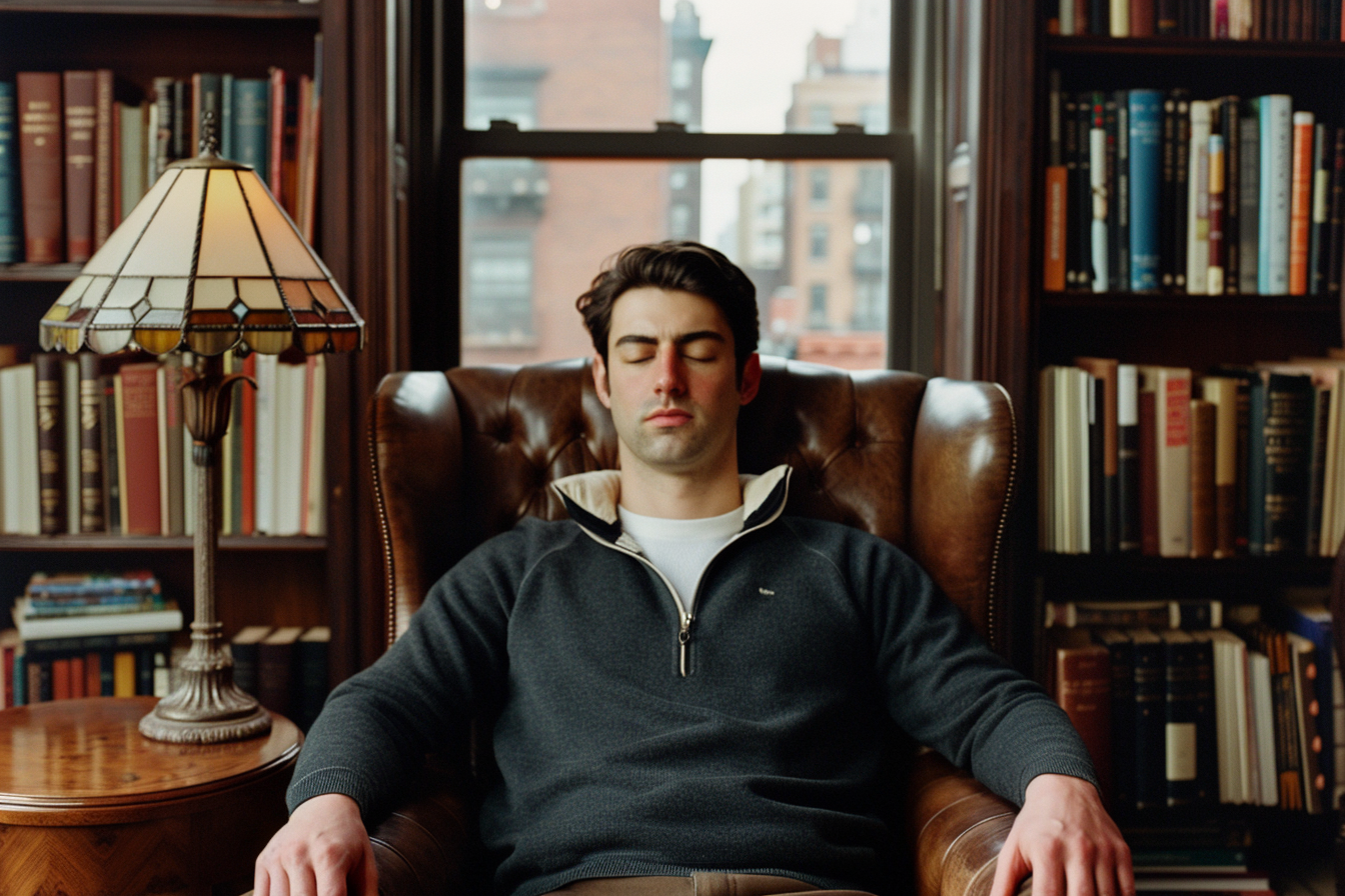 Distinguished professional man in a quiet Manhattan study with eyes closed, engaged in imagery rescripting work, visualizing a schema therapy intervention used by Paul Chiariello at New York Therapy to update emotional memory and social exclusion patterns.