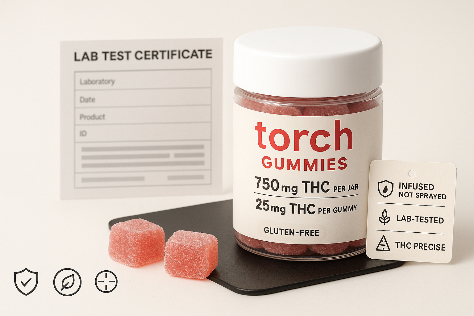 Torch Gummies jar beside lab certificate and product highlights tag, with gummies on display, representing trust, potency accuracy, and safety features.