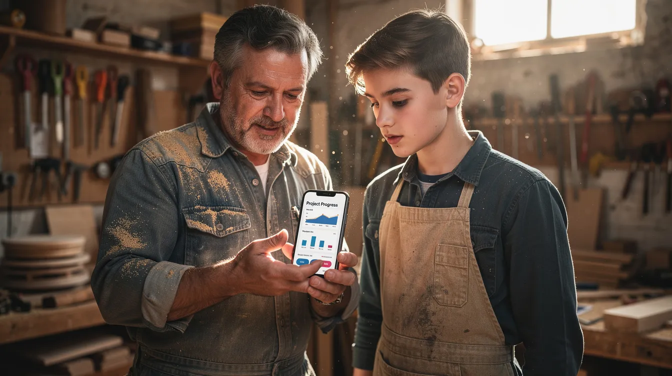 A mentor and apprentice are engaged in a discussion while reviewing their progress on a mobile device in a workshop setting, utilizing an apprenticeship tracking solution to manage their training and development. This interaction highlights the importance of effective program management in registered apprenticeship programs.