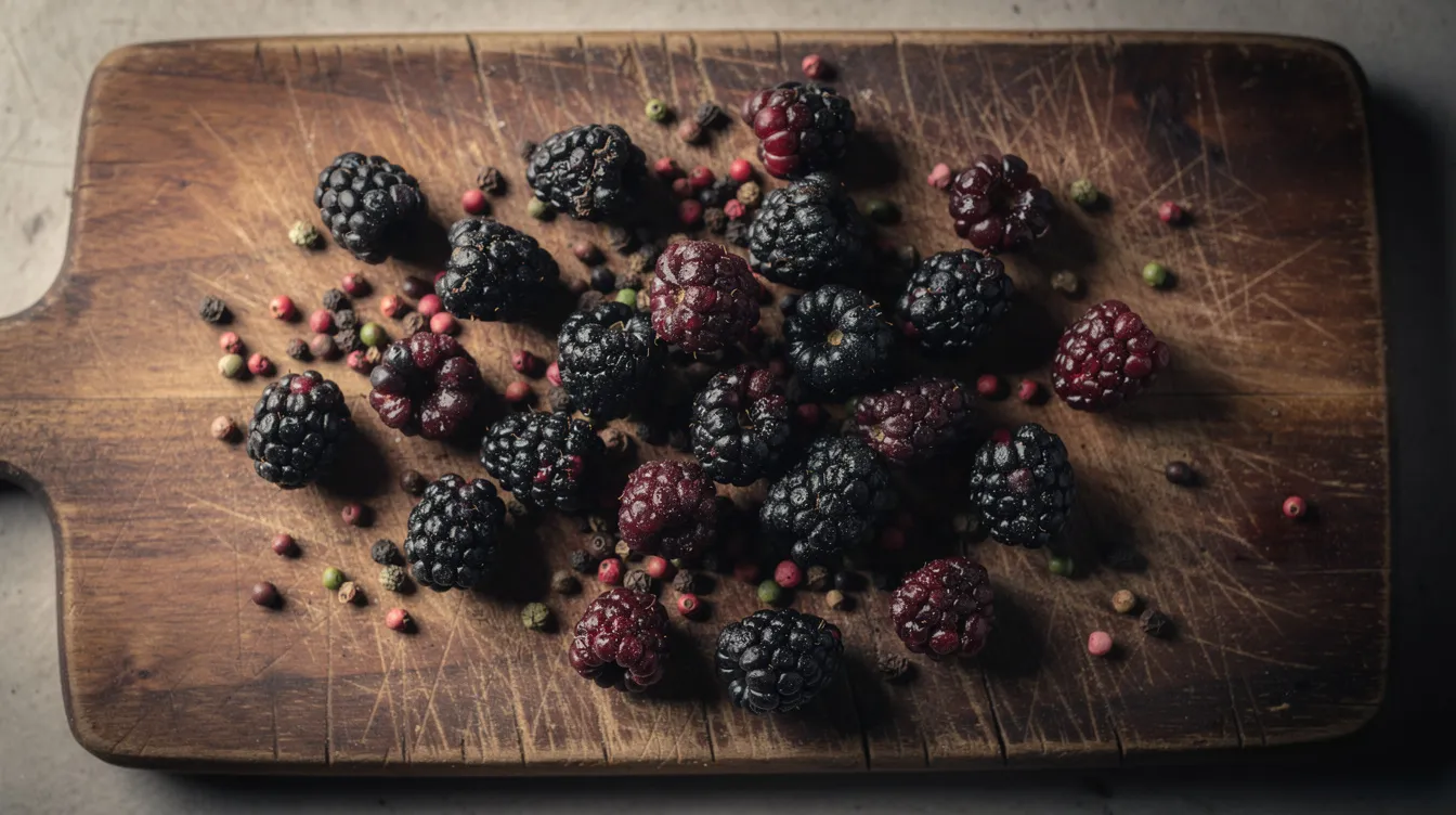 The image shows a rustic wooden cutting board scattered with dark, ripe blackberries and whole peppercorns, creating a visually rich and textured composition. The deep purple of the blackberries contrasts beautifully with the dark peppercorns, evoking a sensory experience reminiscent of the sweet berry aroma found in the blackberry kush strain.