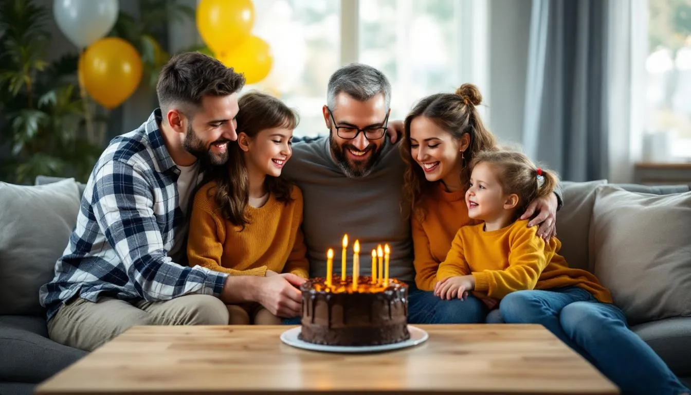 Na zdjęciu widać rodzinę świętującą urodziny taty przy stole, na którym stoi piękny tort ze świeczkami. Wszyscy mają szerokie uśmiechy, a atmosfera jest radosna i pełna miłości, co czyni ten moment wyjątkowym.