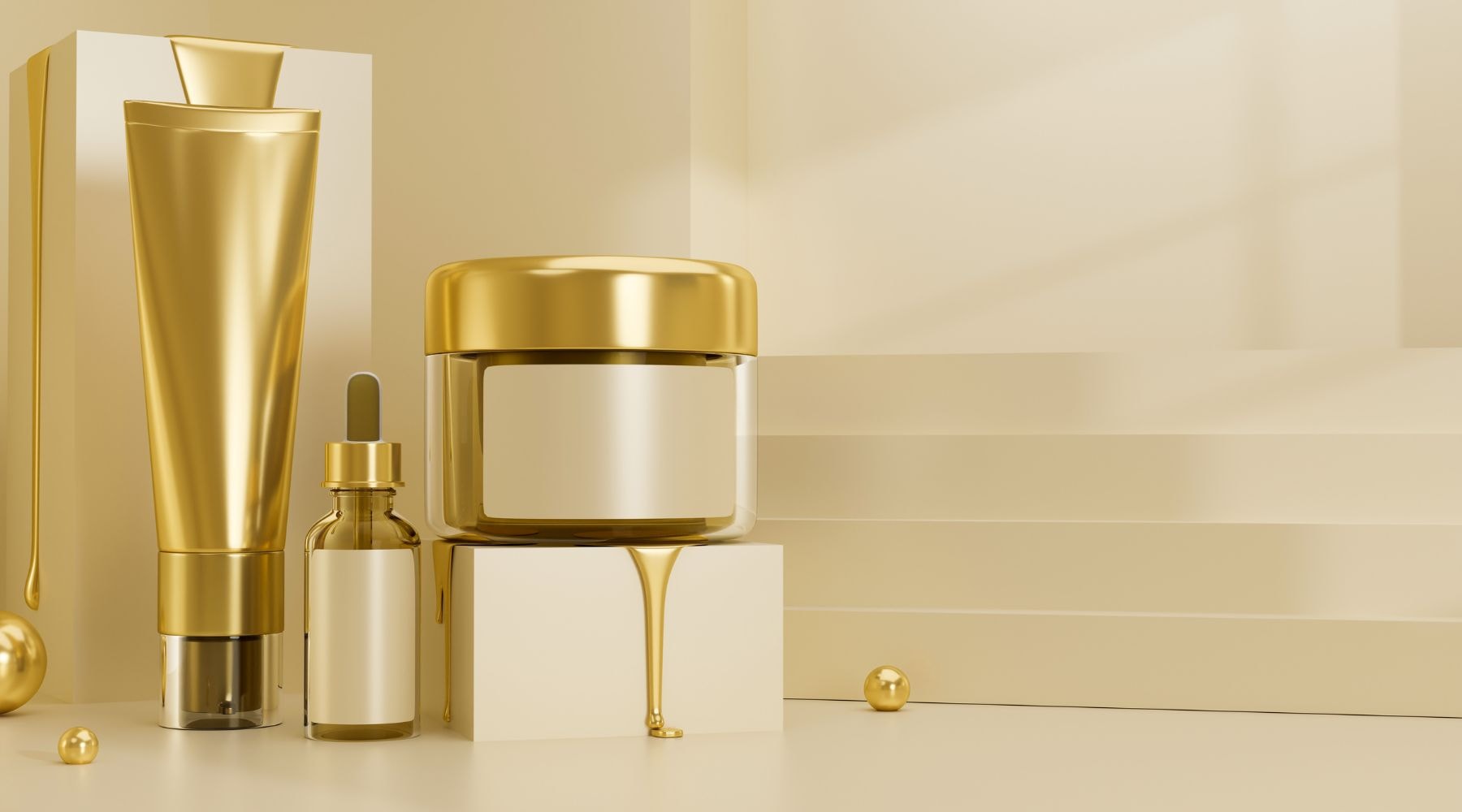 Luxury skincare products on a reflective gold surface, featuring a bottle, a tube, and a cream jar.