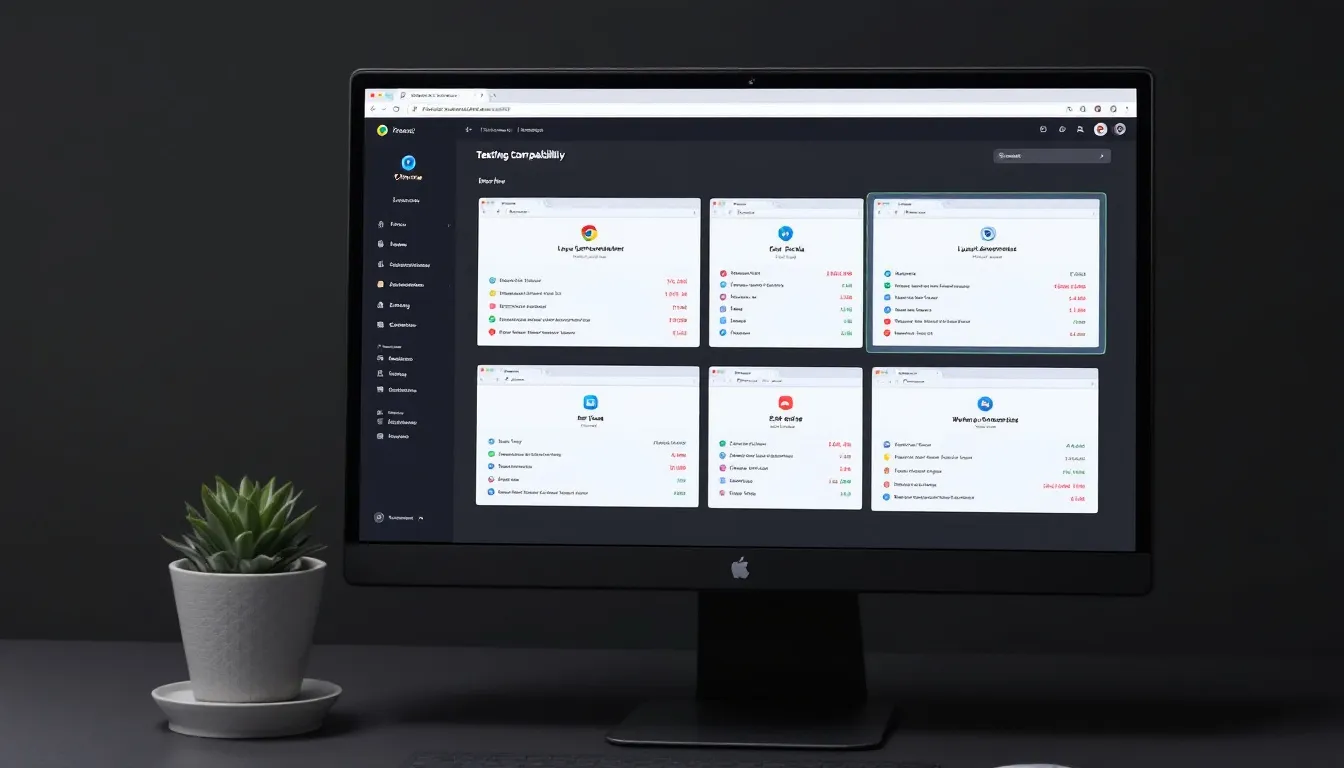 The image depicts a testing dashboard featuring multiple browser windows that display compatibility results for various websites. This setup is essential for product managers and developers to conduct user tests and identify usability issues across different devices and browsers, enabling them to gather valuable insights from real users.