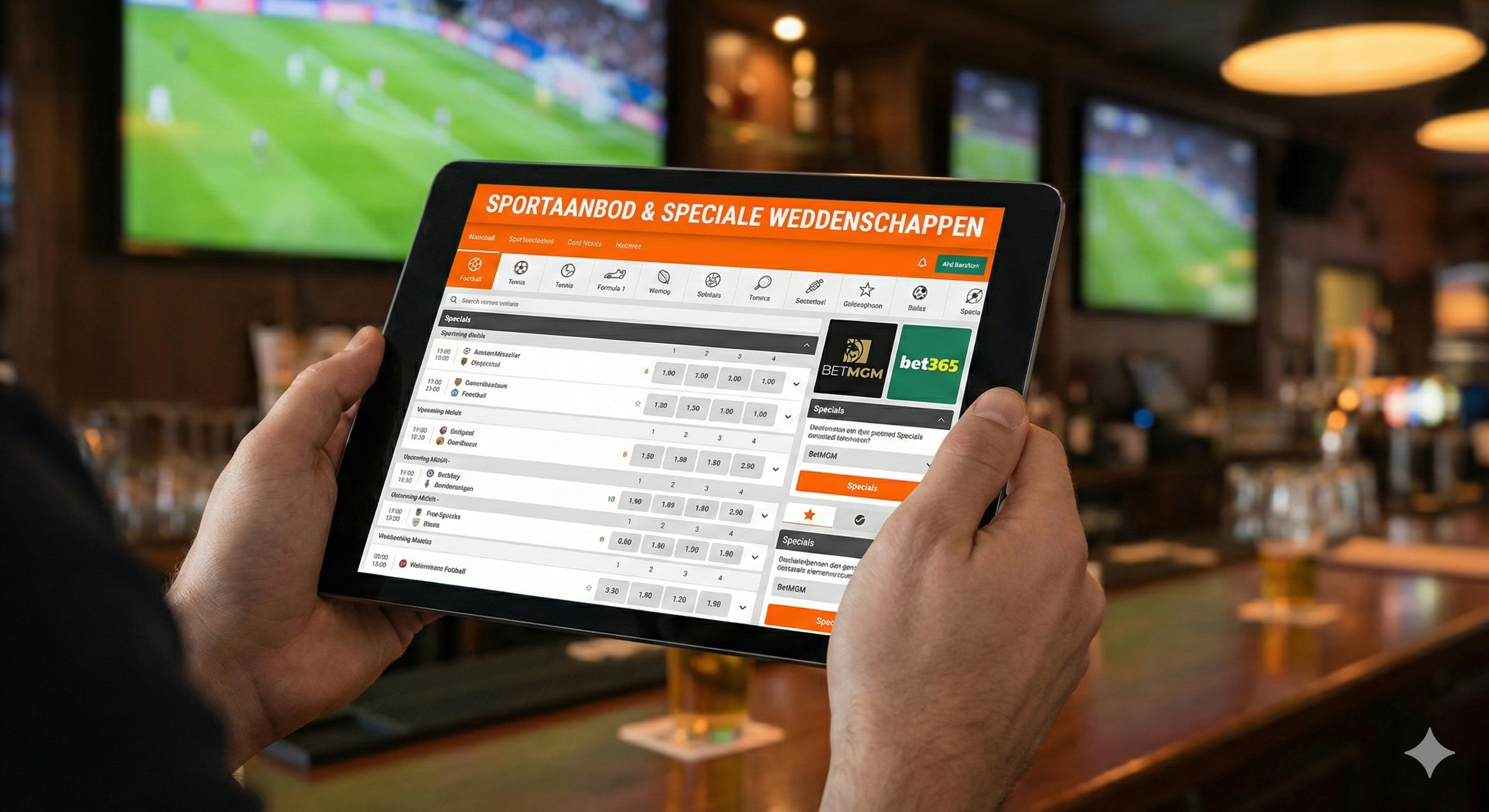 Tablet met sportweddenschappen en speciale bettingopties, vastgehouden door een persoon in een sportbar met live voetbalwedstrijden op televisies op de achtergrond.