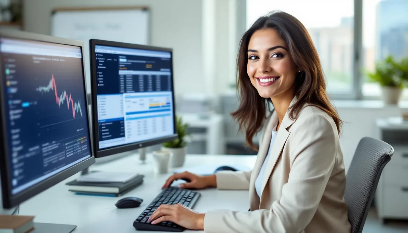 The image shows a medical billing specialist focused on their work at a computer workstation, surrounded by multiple monitors displaying patient records and medical coding software. This scene highlights the role of coding professionals in managing healthcare data and performing medical billing tasks efficiently.