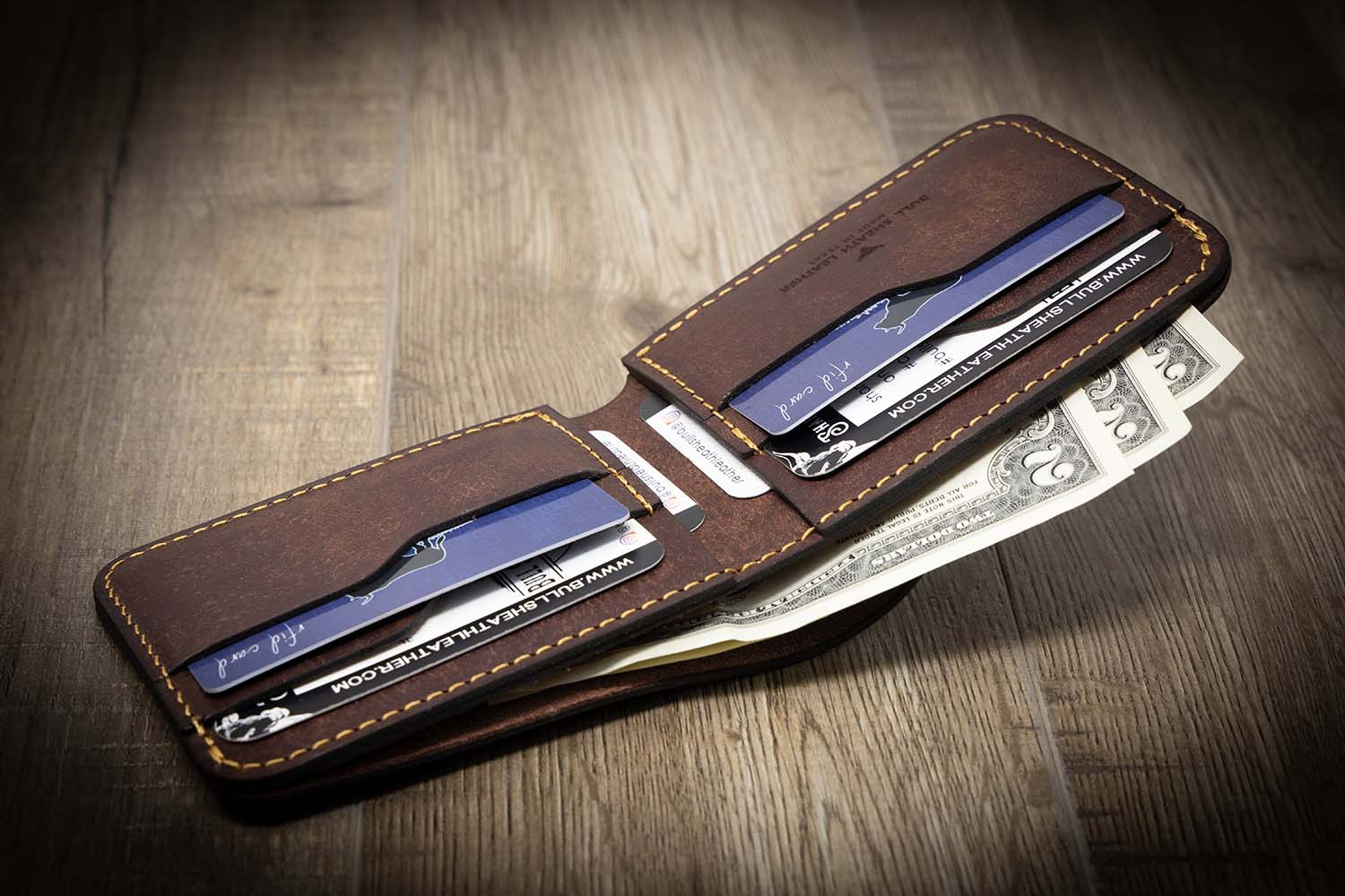 A classic leather bifold wallet with a cash pocket and room for a few cards