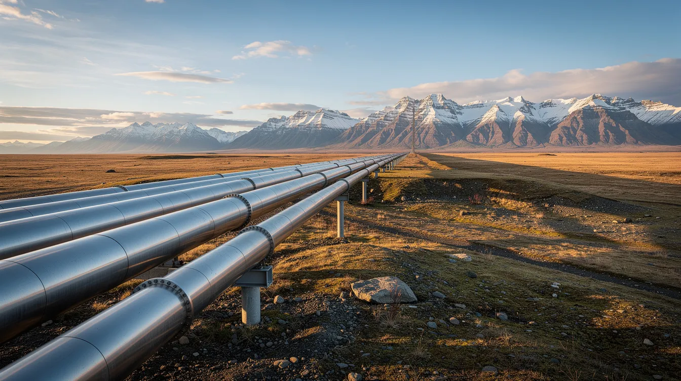 A wide landscape view showcases extensive pipeline infrastructure traversing open terrain, with majestic mountains rising in the background. This scene highlights the oil and gas industry, emphasizing the critical role of pipeline systems in transporting natural gas and oil across various properties and leases.