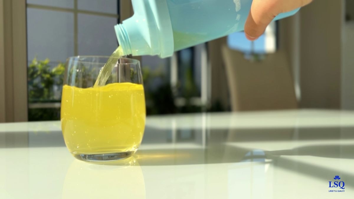 Kollagenpulver von CELLULA+ wird in ein Glas eingerührt – Anwendung als Drink bei Tageslicht