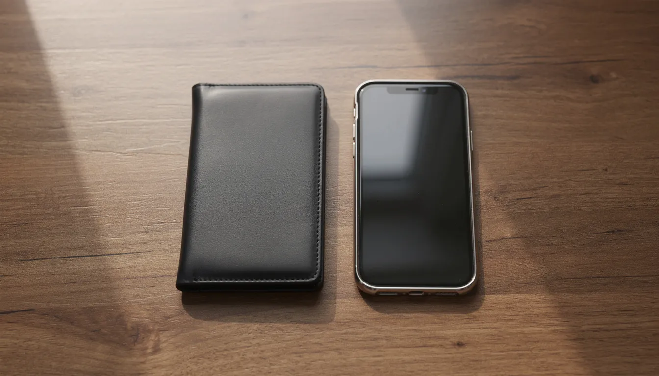 En modern plånbok ligger bredvid en smartphone på ett träbord. Plånboken har en stilren design och smartphone-skärmen visar en app, vilket ger en känsla av modern teknik och enkelhet.