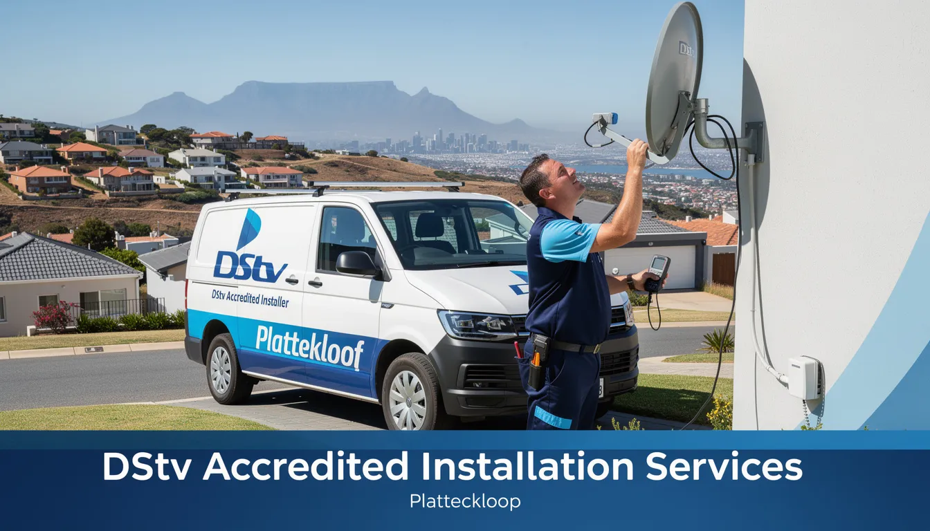 The image showcases a team of skilled DSTV installers in Plattekloof, equipped with industry-leading tools, as they perform a professional DSTV installation service, including satellite dish alignment and decoder setup. Their friendly demeanor reflects a commitment to providing reliable and efficient DSTV installation and repair services for uninterrupted entertainment.