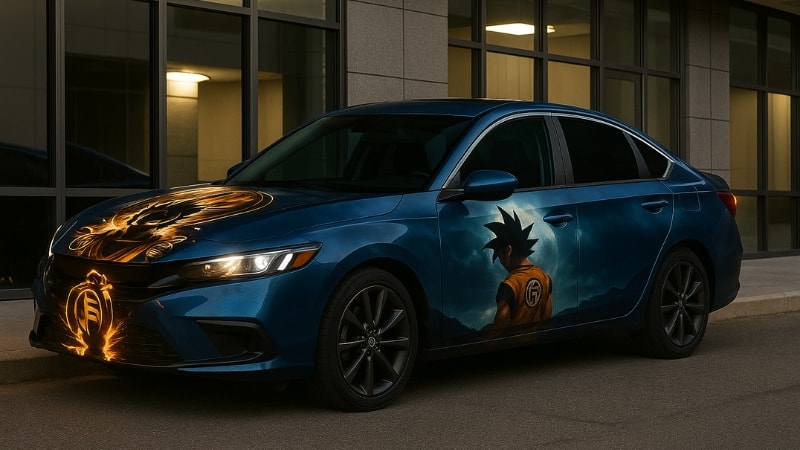 An anime vinyl wrap on car featuring the theme of Dragon Ball Z