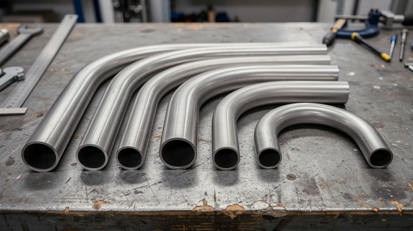 The image shows several polished stainless steel tubes, each bent at different radii, arranged neatly on a workshop table. This display highlights the bending process of stainless steel tubing, showcasing the various angles and shapes that can be achieved using bending machines.