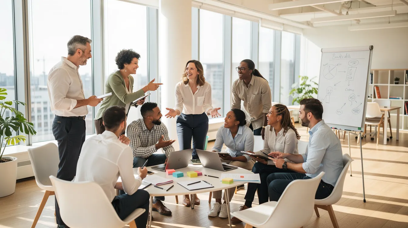 Une équipe de professionnels est réunie en cercle dans un espace moderne et lumineux, échangeant des idées lors d'une session de travail collaborative. Cette rencontre favorise le développement personnel et la connaissance de soi, permettant à chacun d'identifier ses forces et ses faiblesses pour mieux orienter sa carrière.