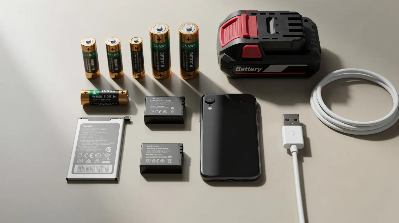 Auf der Oberfläche sind verschiedene Akkutypen und ein USB-C Ladekabel angeordnet, die für die Nutzung von tragbaren Vaporizern wie dem Arizer Solo 3 oder dem POTV V3 Pro geeignet sind. Diese Akkus bieten eine einfache Handhabung und sind ideal für Nutzer, die nach den besten tragbaren Kräuter-Vaporizern suchen.