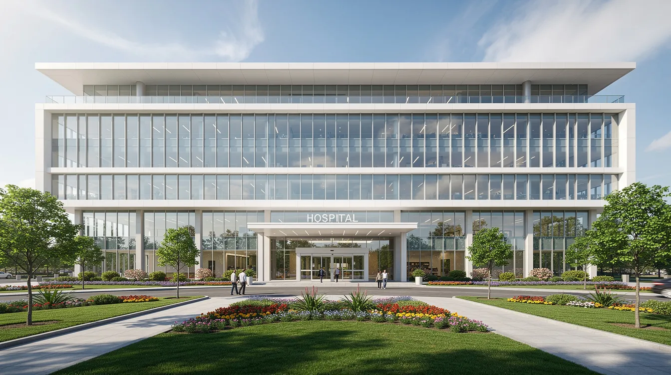 The image depicts a large, modern hospital building with a sleek glass facade and a beautifully landscaped entrance, symbolizing advanced healthcare facilities. This new multi-specialty hospital in India represents significant investment in healthcare infrastructure, catering to the growing demand for quality medical services.